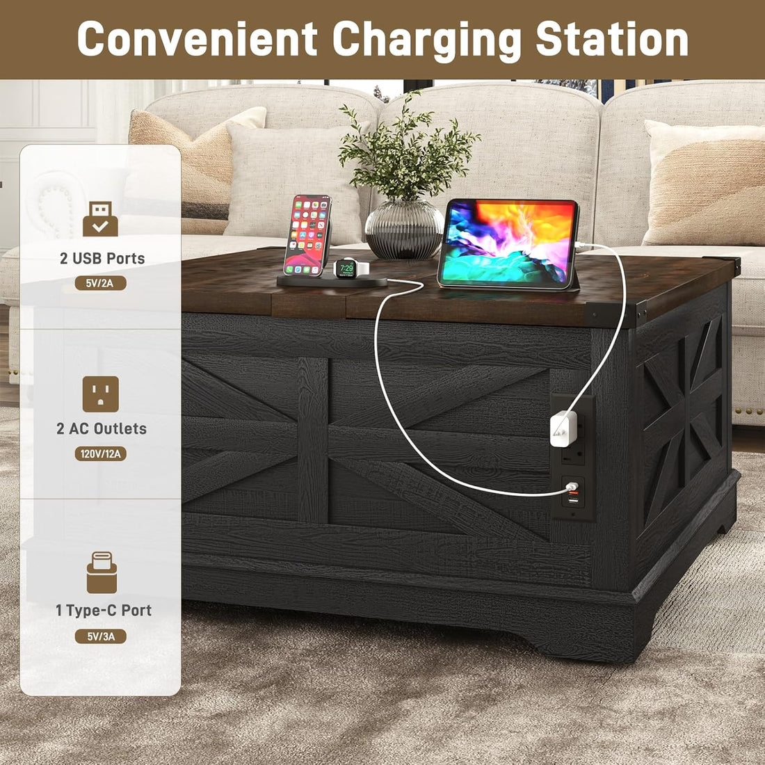 Modern Movable Lift Top Coffee Table with Power Outlets & Storage
