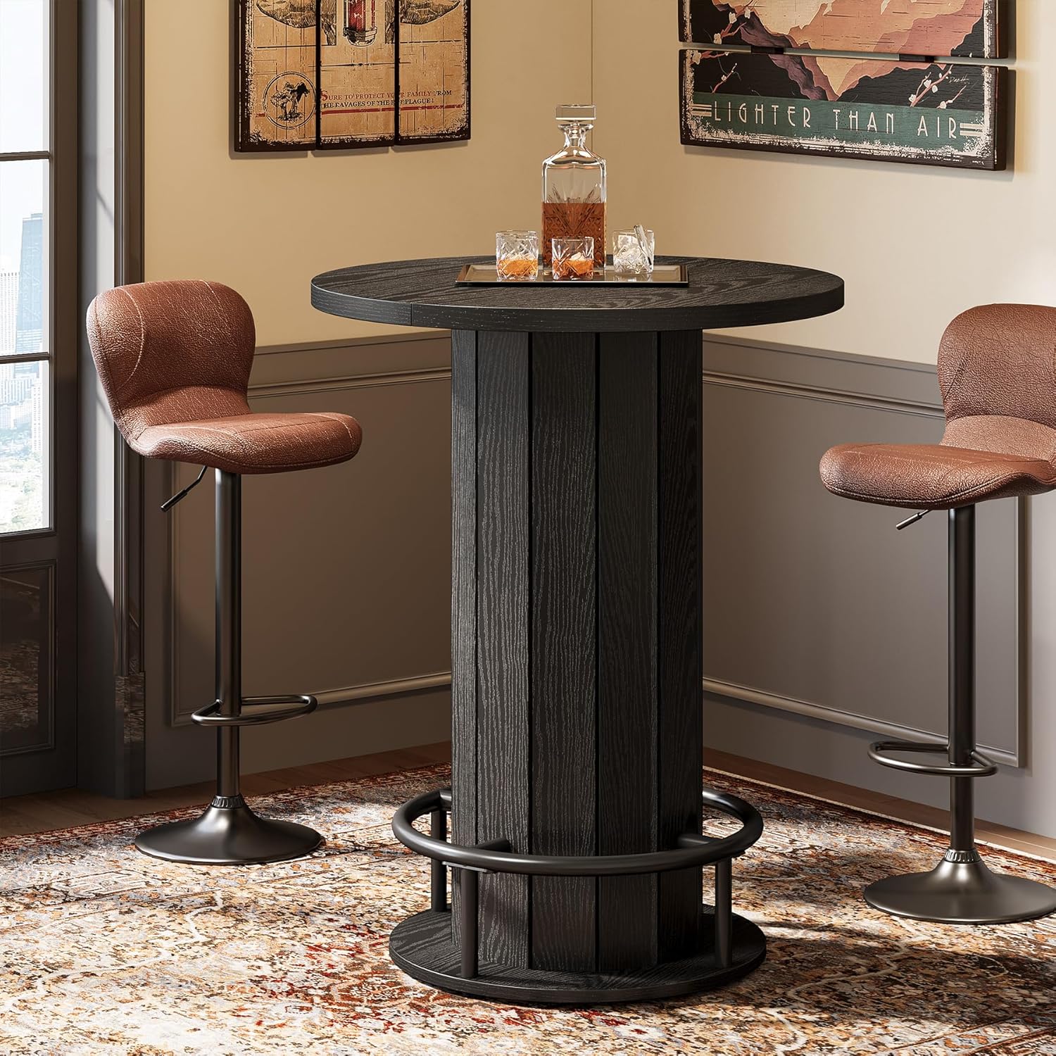 round Bar Table, 39.4" H Wood Bistro Pub Table with Metal Ring Footrest for Dining Coffee Cocktail Living Room, Small Space, Black (Only Table)
