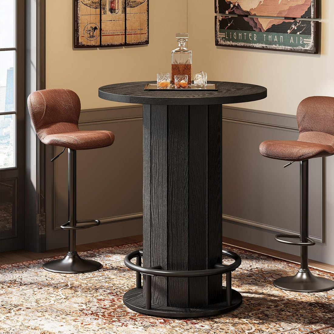 round Bar Table, 39.4" H Wood Bistro Pub Table with Metal Ring Footrest for Dining Coffee Cocktail Living Room, Small Space, Black (Only Table)