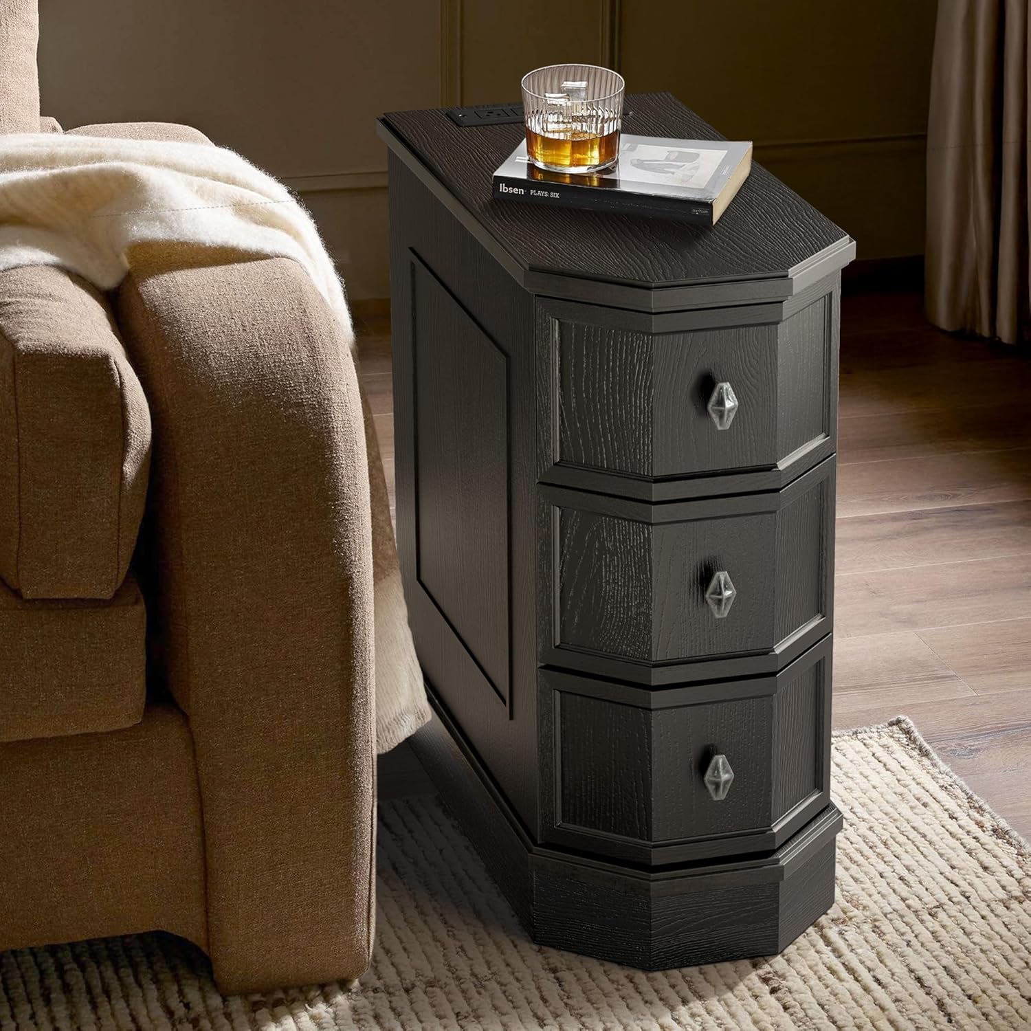 Vintage Nightstand with Charging Station, Vintage Wood End Table with 3 Drawer