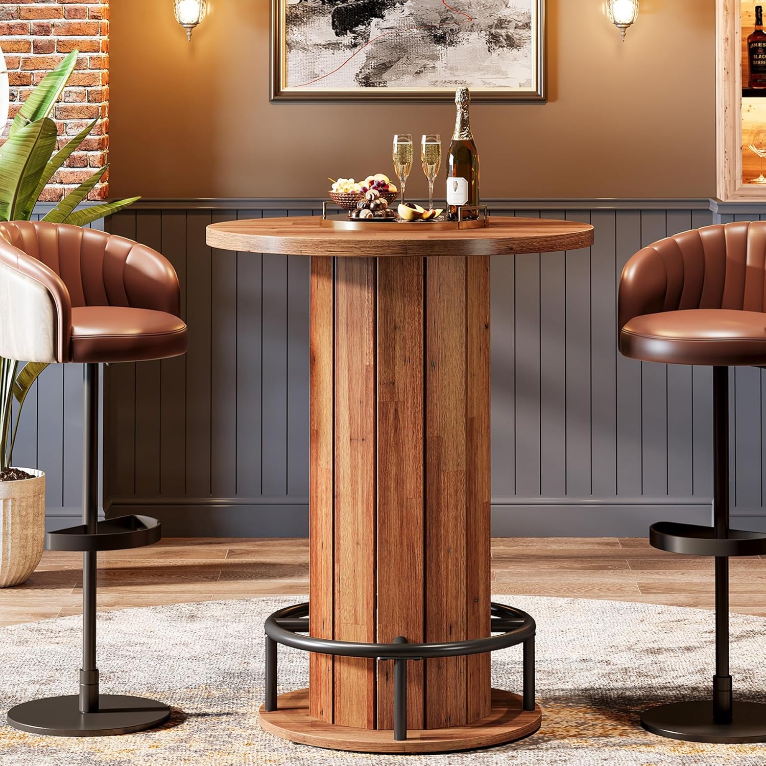 round Bar Table, 39.4" H Wood Bistro Pub Table with Metal Ring Footrest for Dining Coffee Cocktail Living Room, Small Space, Black (Only Table)