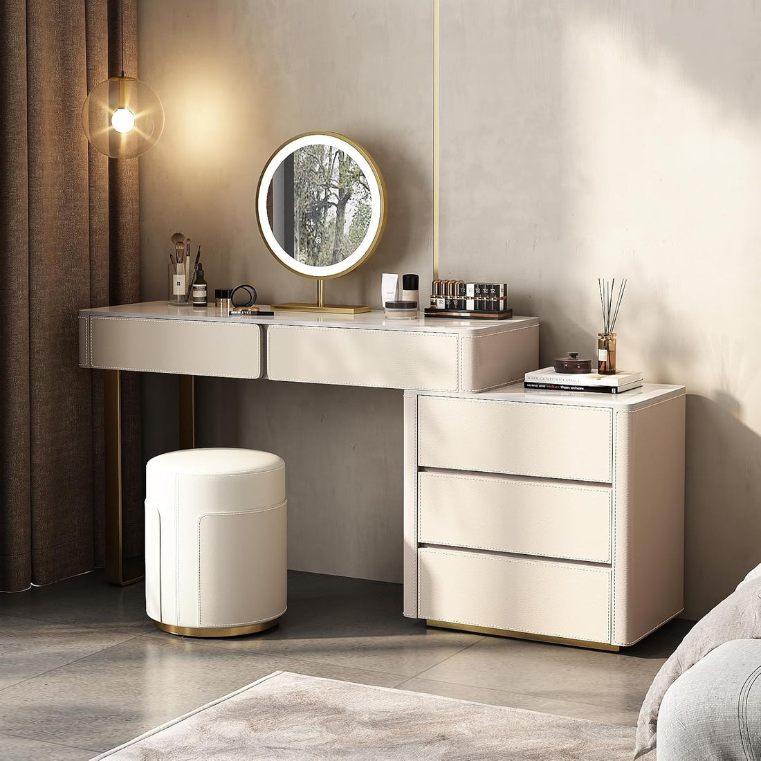 Vintage Makeup Vanity Desk Set with LED Lighted Mirror – Luxury Dressing Table with Storage Drawers