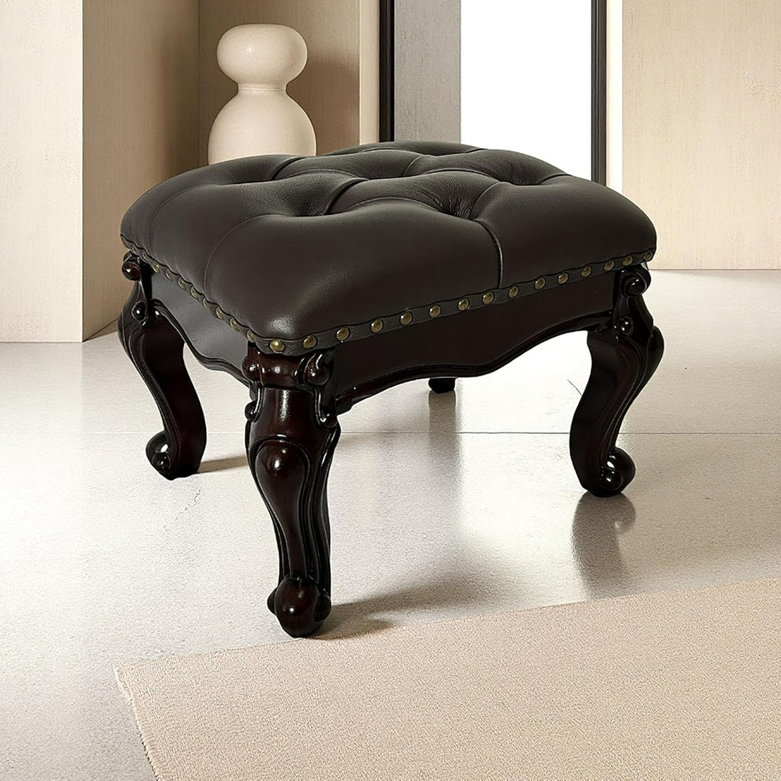 Leather Foot Stool – Small Vintage Ottoman Foot Rest with Wooden Base