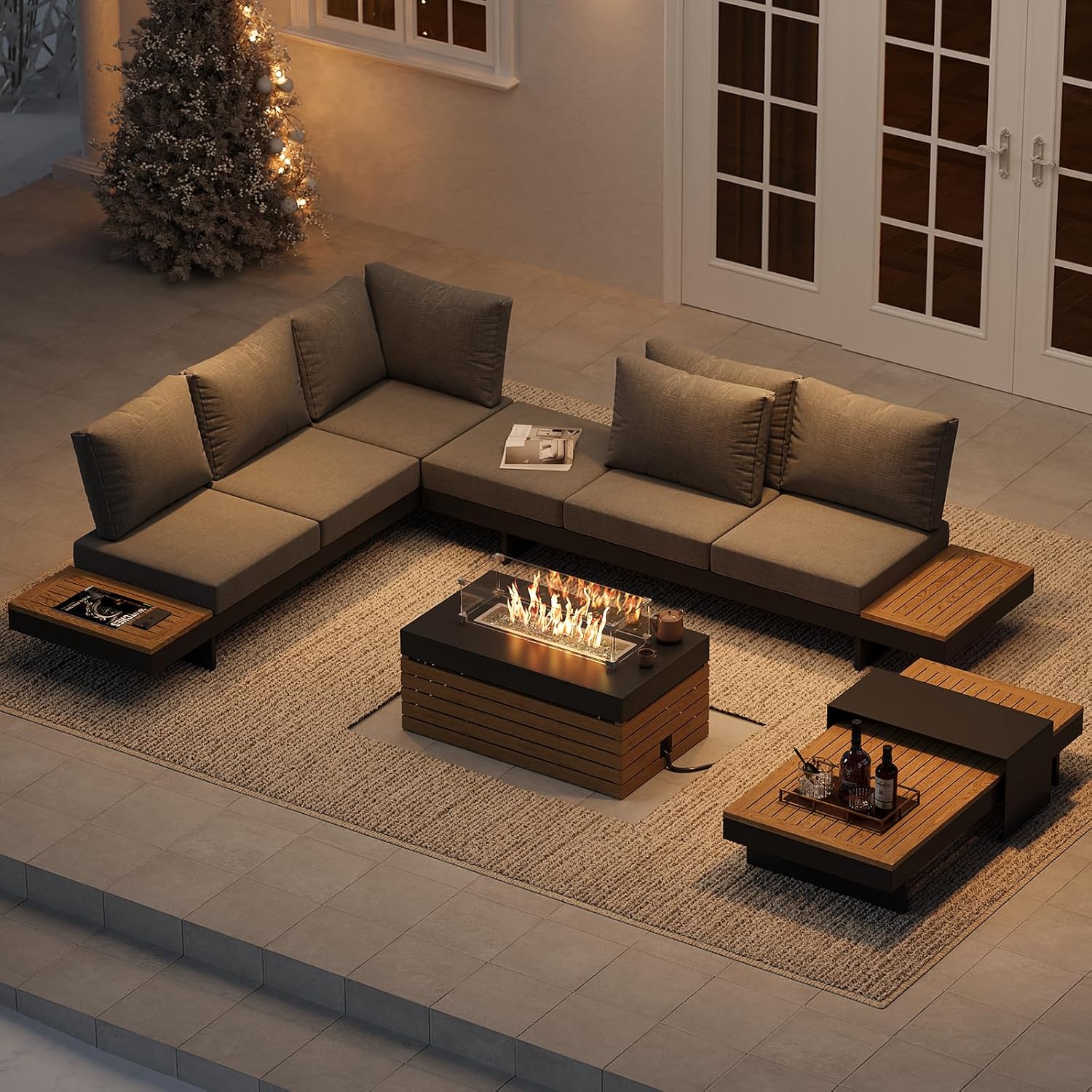 Modular Outdoor Conversation Set with Fire Pit – Aluminum & Teak Patio Sofa Set
