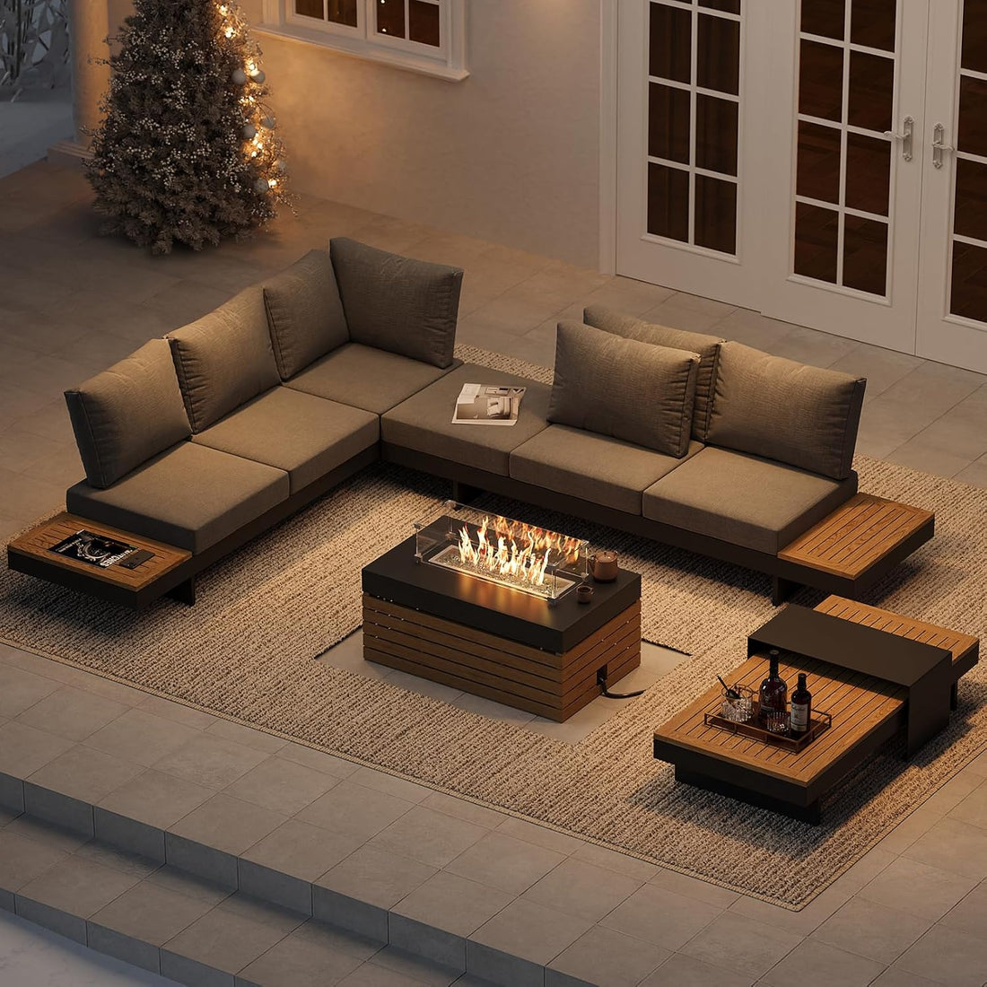 Modular Outdoor Conversation Set with Fire Pit – Aluminum & Teak Patio Sofa Set