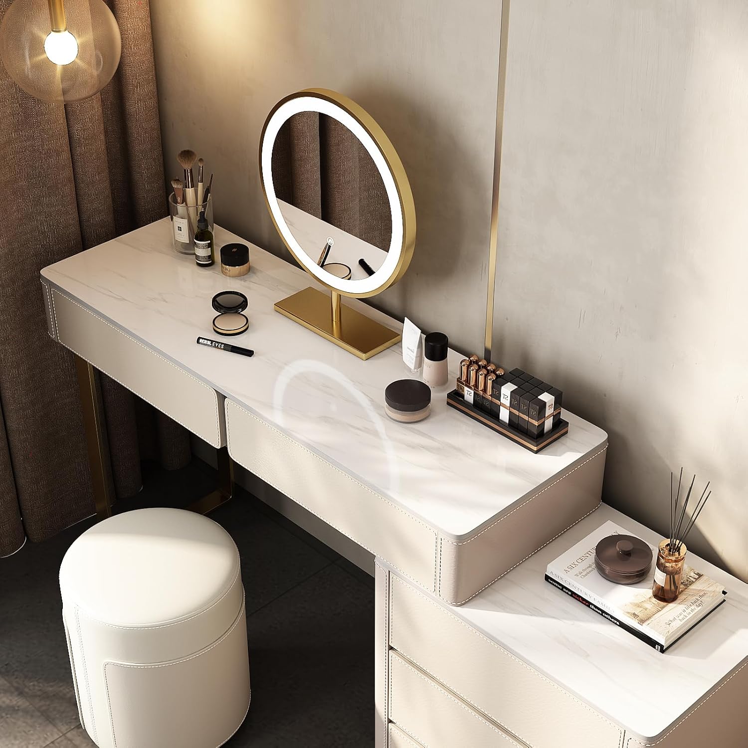 Vintage Makeup Vanity Desk Set LED Mirror – Luxury Dressing Table with Storage