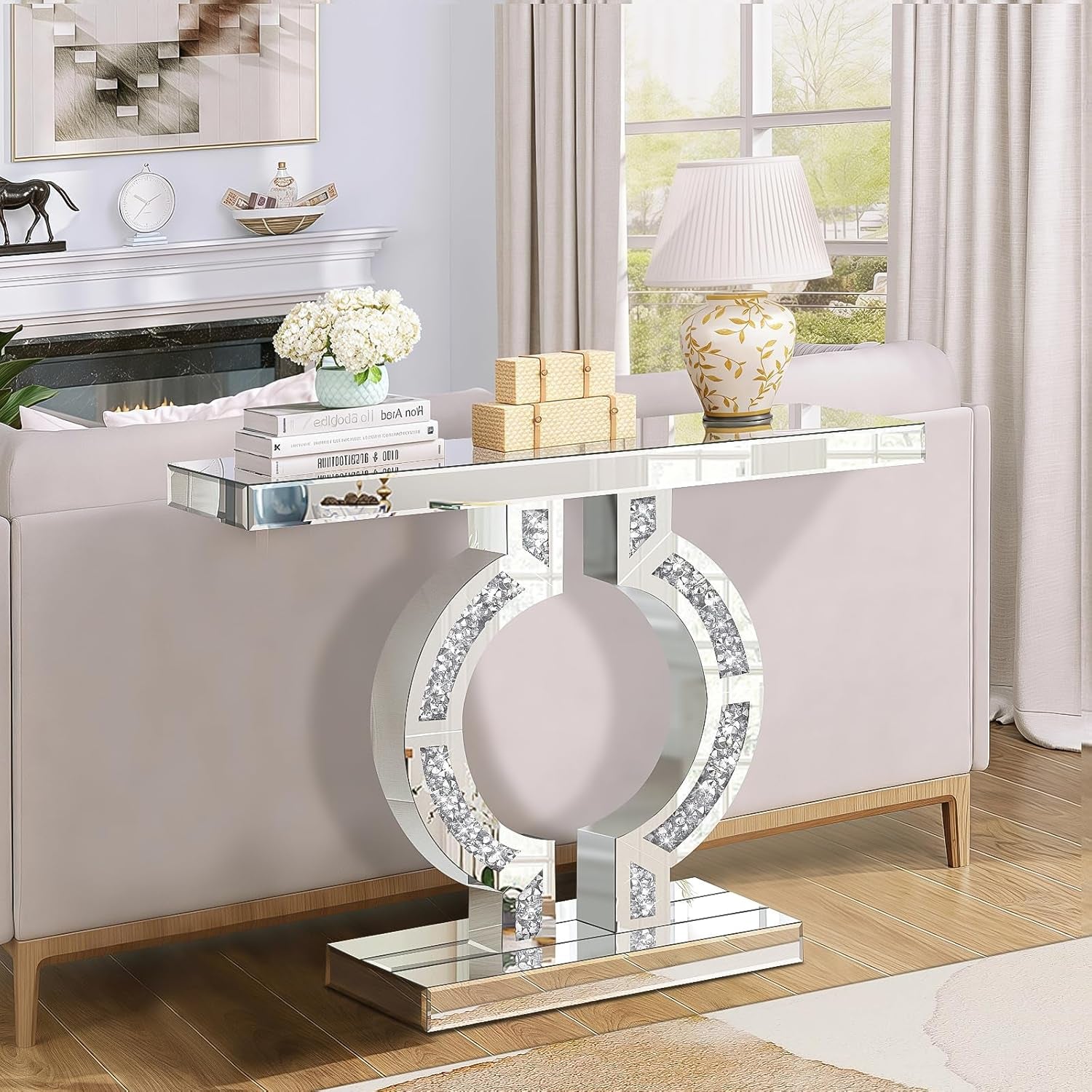 Luxury Silver Mirrored Table with Crushed Diamond Inlay, Home Living Room