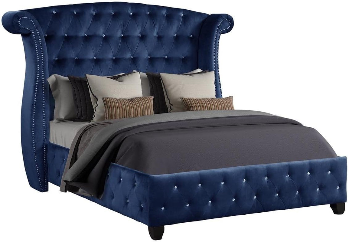 Luxury Bed Frame - Velvet Upholstered Platform Bed with Rolled Headboard 