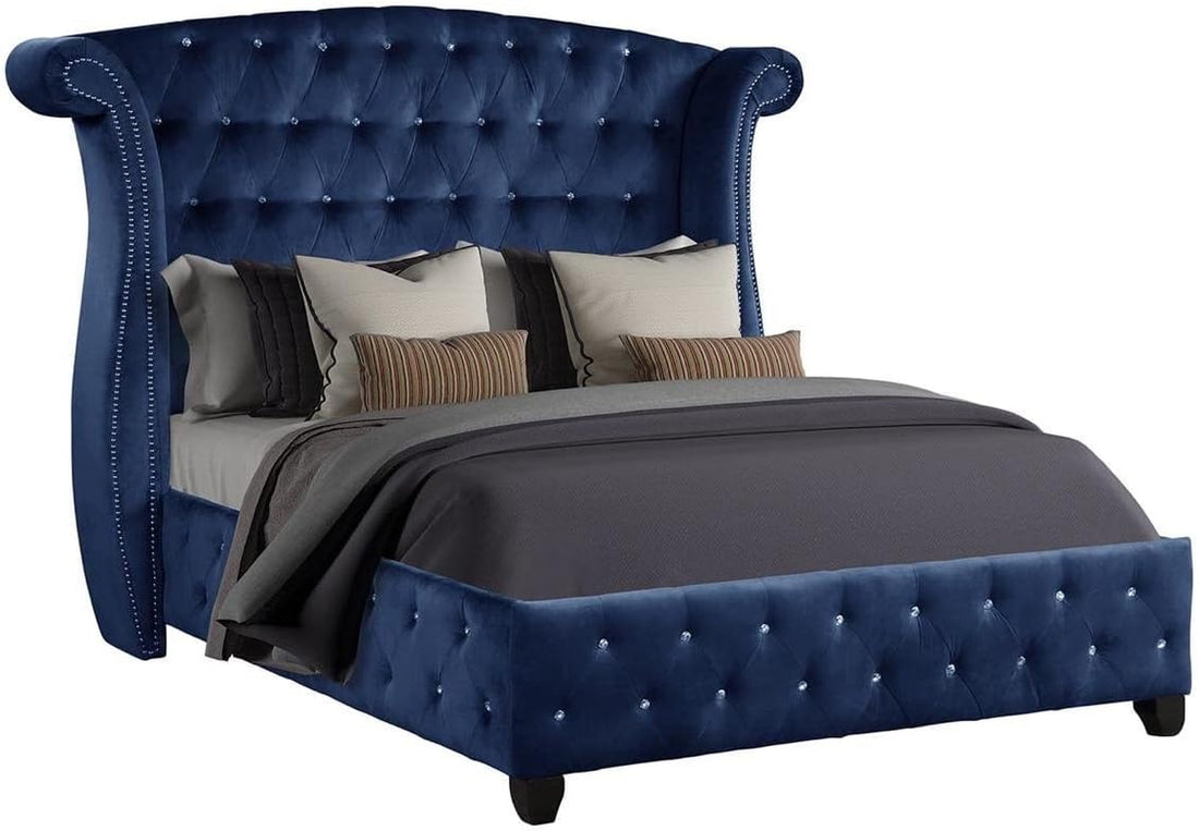 Luxury Bed Frame - Velvet Upholstered Platform Bed with Rolled Headboard 