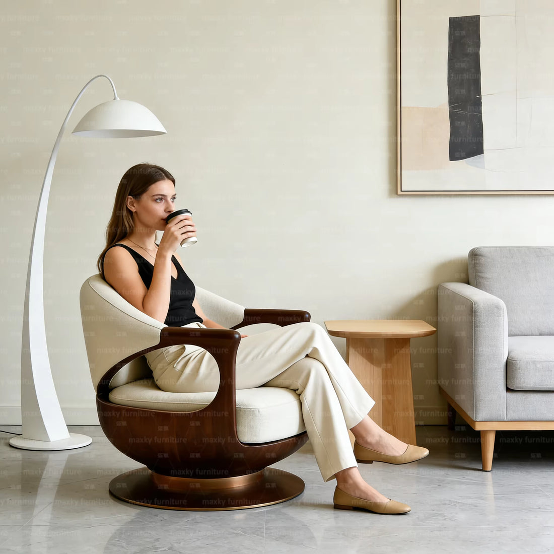 Single Sofa Chair Modern Upholstered Single Lounge Chair with Curved Wooden Armrest Single Seater Sofa Chair for Living Room