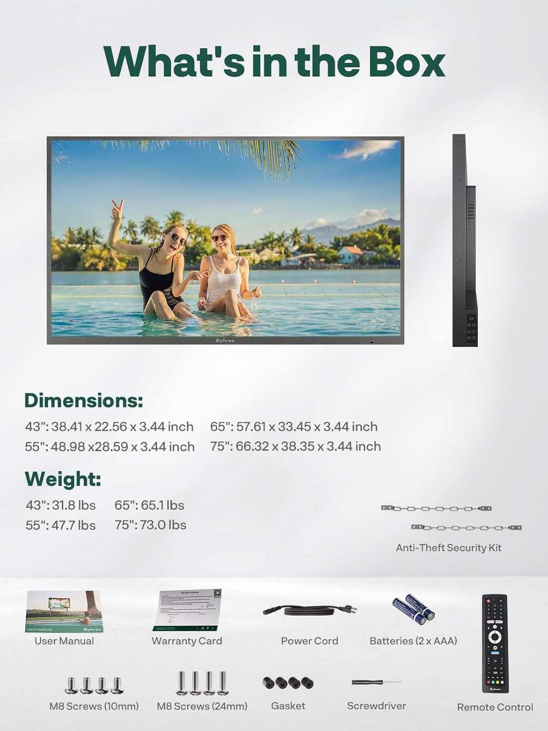 75" Outdoor TV, IP56 Weatherproof Smart Outdoor TV with Google TV, 2×12W Speakers, AI Wallpaper, Anti-Theft Lock Interface, 2000-Nit Full-Sun Brightness, Pool Pro 3.0 Lock Series (2026)