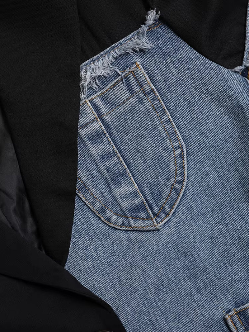 New Women Blue Denim Irregular Casual Blazer 