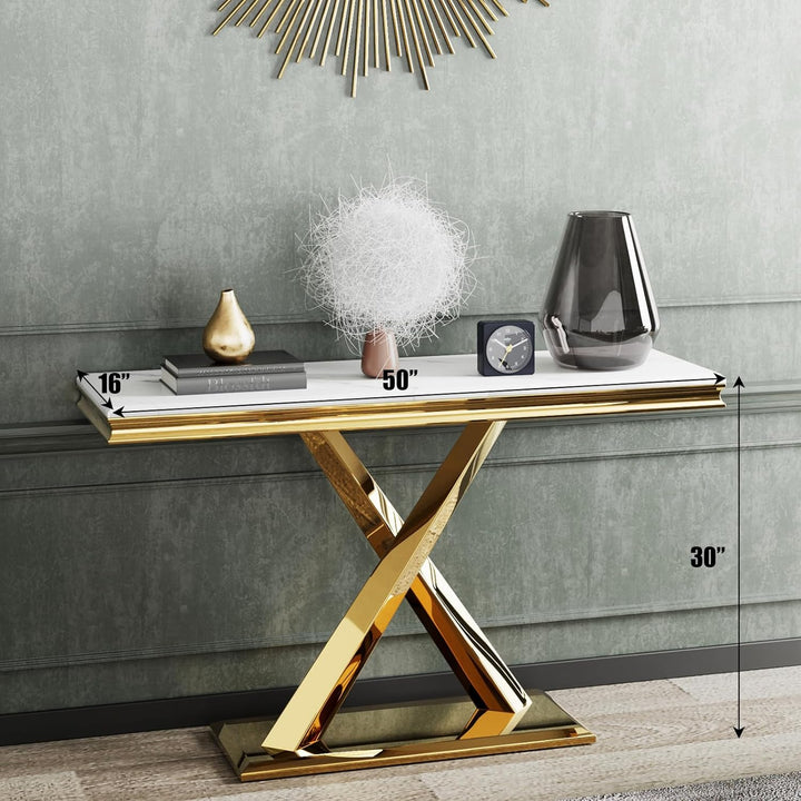 Gold Console Table, 50" Entryway Table with White Tabletop & Gold Polished X-Base, Luxury Sofa Table for Living Room, Hallway, Foyer
