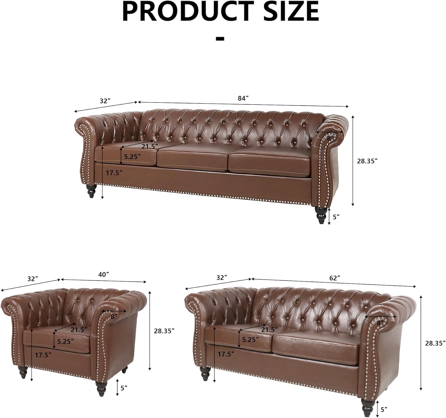 Modern 84" Chesterfield Sofa 3-Seater – Classic Roll Arm PU Leather Sectional Sofa