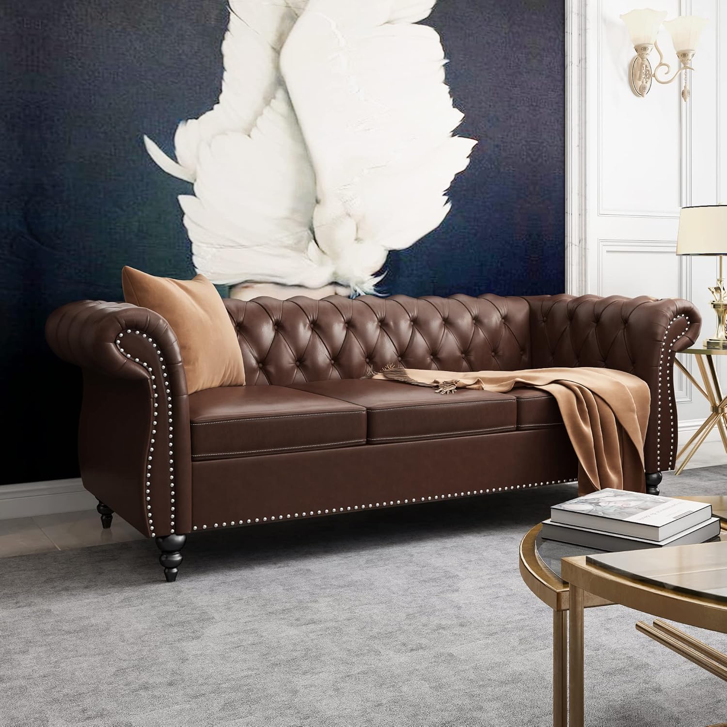 Modern 84" Chesterfield Sofa 3-Seater – Classic Roll Arm PU Leather Sectional Sofa