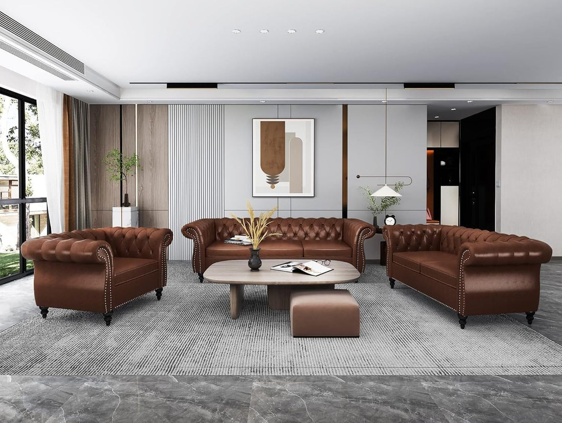 Modern 84" Chesterfield Sofa 3-Seater – Classic Roll Arm PU Leather Sectional Sofa
