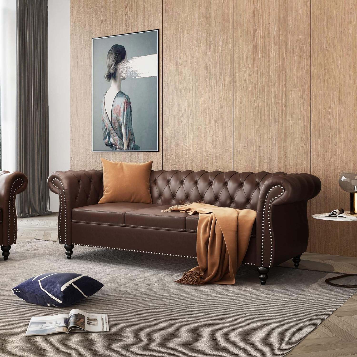 Modern 84" Chesterfield Sofa 3-Seater – Classic Roll Arm PU Leather Sectional Sofa