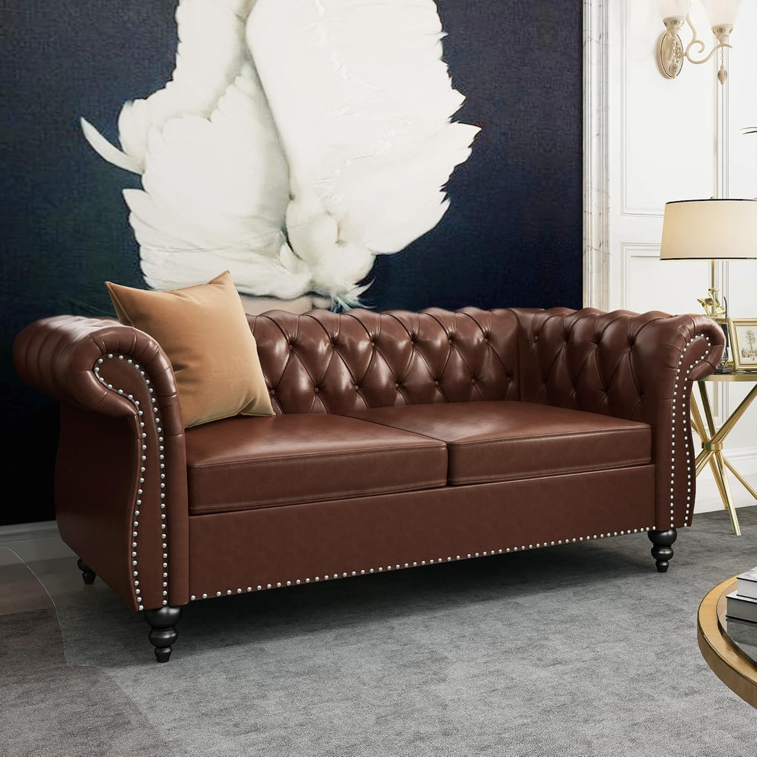 Modern 84" Chesterfield Sofa 3-Seater – Classic Roll Arm PU Leather Sectional Sofa