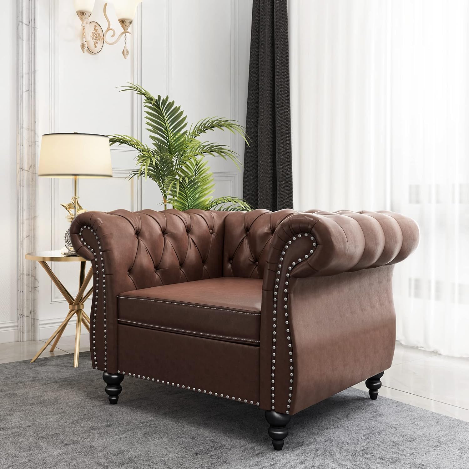 Modern 84" Chesterfield Sofa 3-Seater – Classic Roll Arm PU Leather Sectional Sofa
