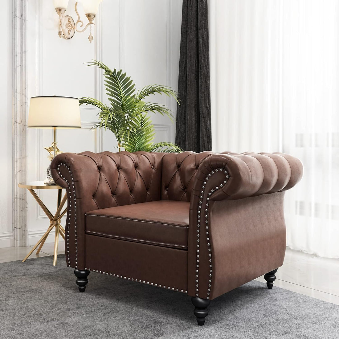 Modern 84" Chesterfield Sofa 3-Seater – Classic Roll Arm PU Leather Sectional Sofa