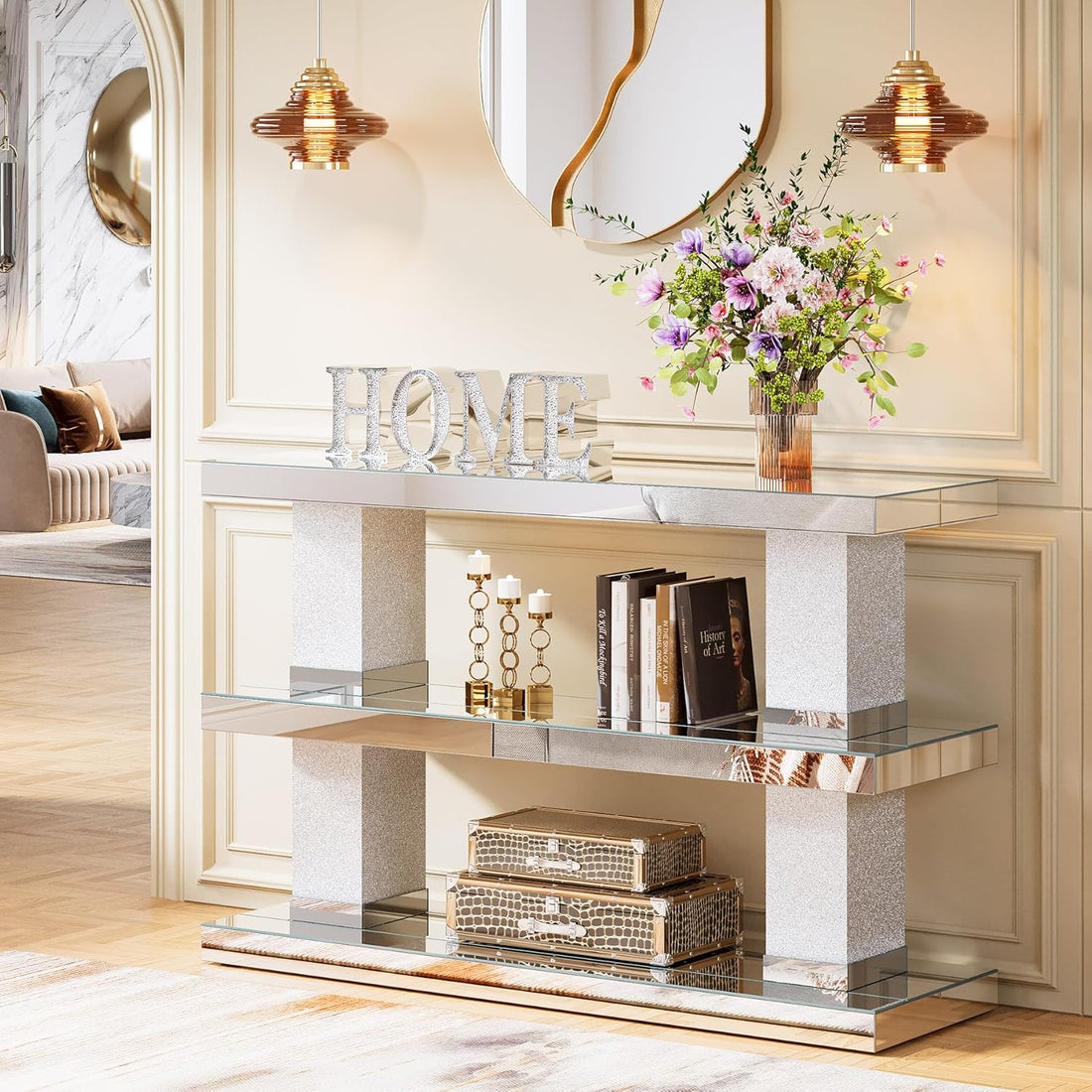 Mirrored Table, 46" Silver Entryway Table with 3-Tier Storage 