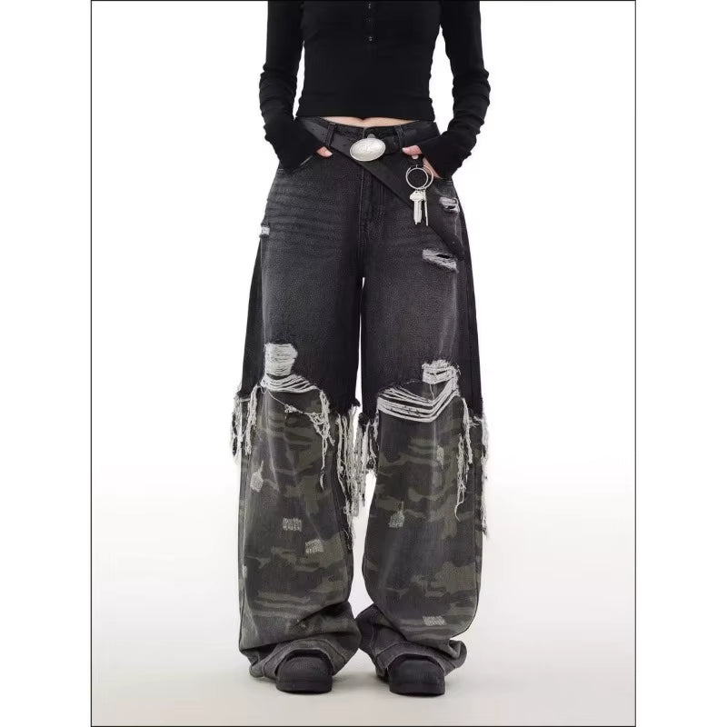 Mens Street Fashion Camouflage Patchwork Jeans