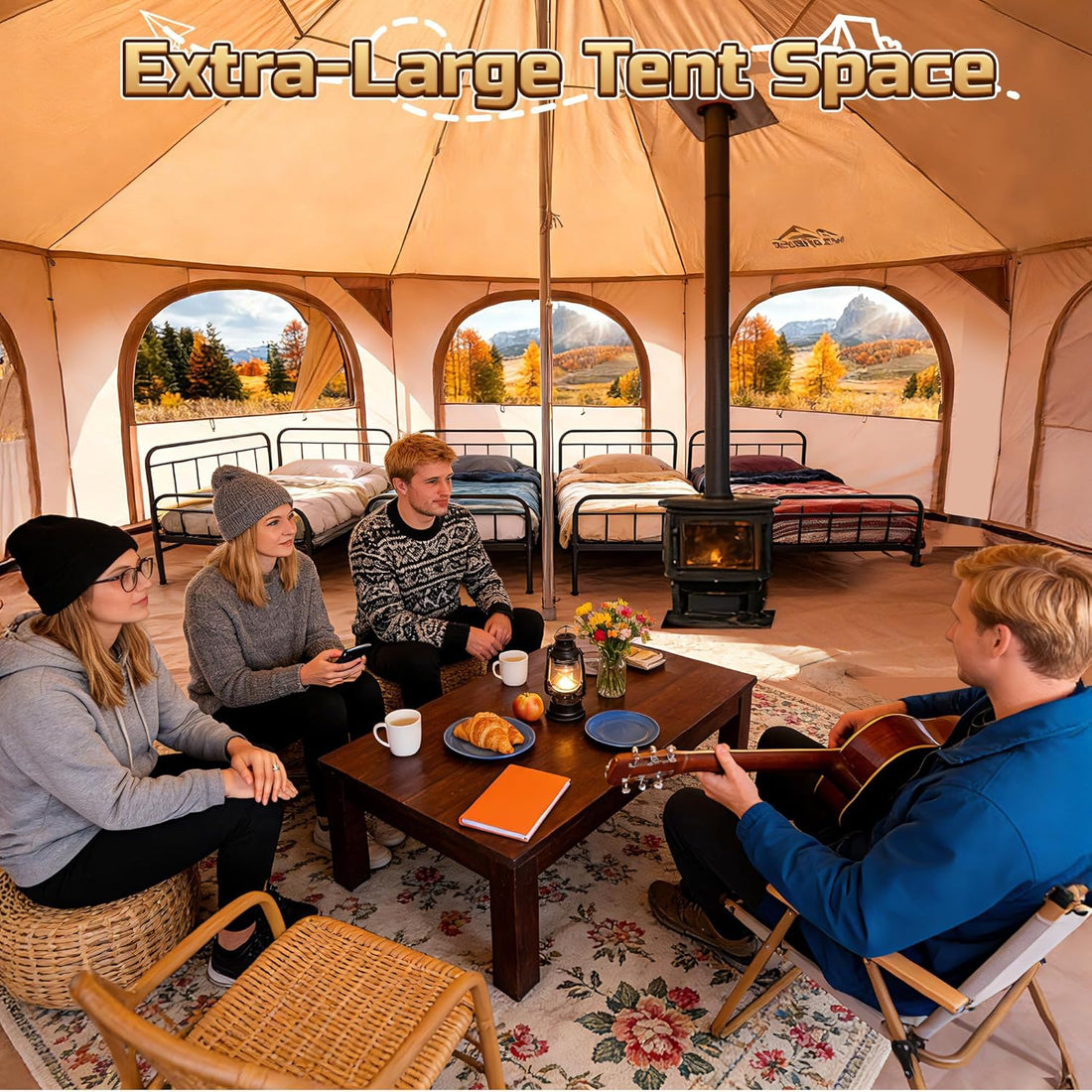16.5Ft Canvas Bell Tent, Large Yurt Tent with Stove Jack for Camping & Glamping, 55" High Walls, Maximum Space, Waterproof 4 Season Hot Tent with 8 Mesh Windows & Removable Floor