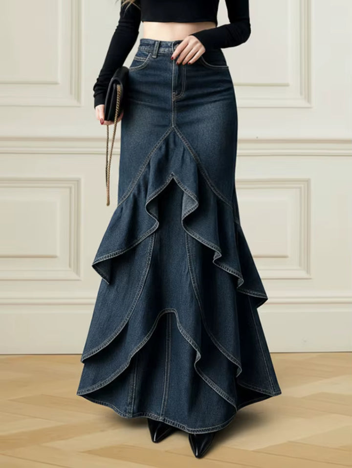 New Women's Dark Blue Denim Multi-Layer Ruffle Maxi Skirt