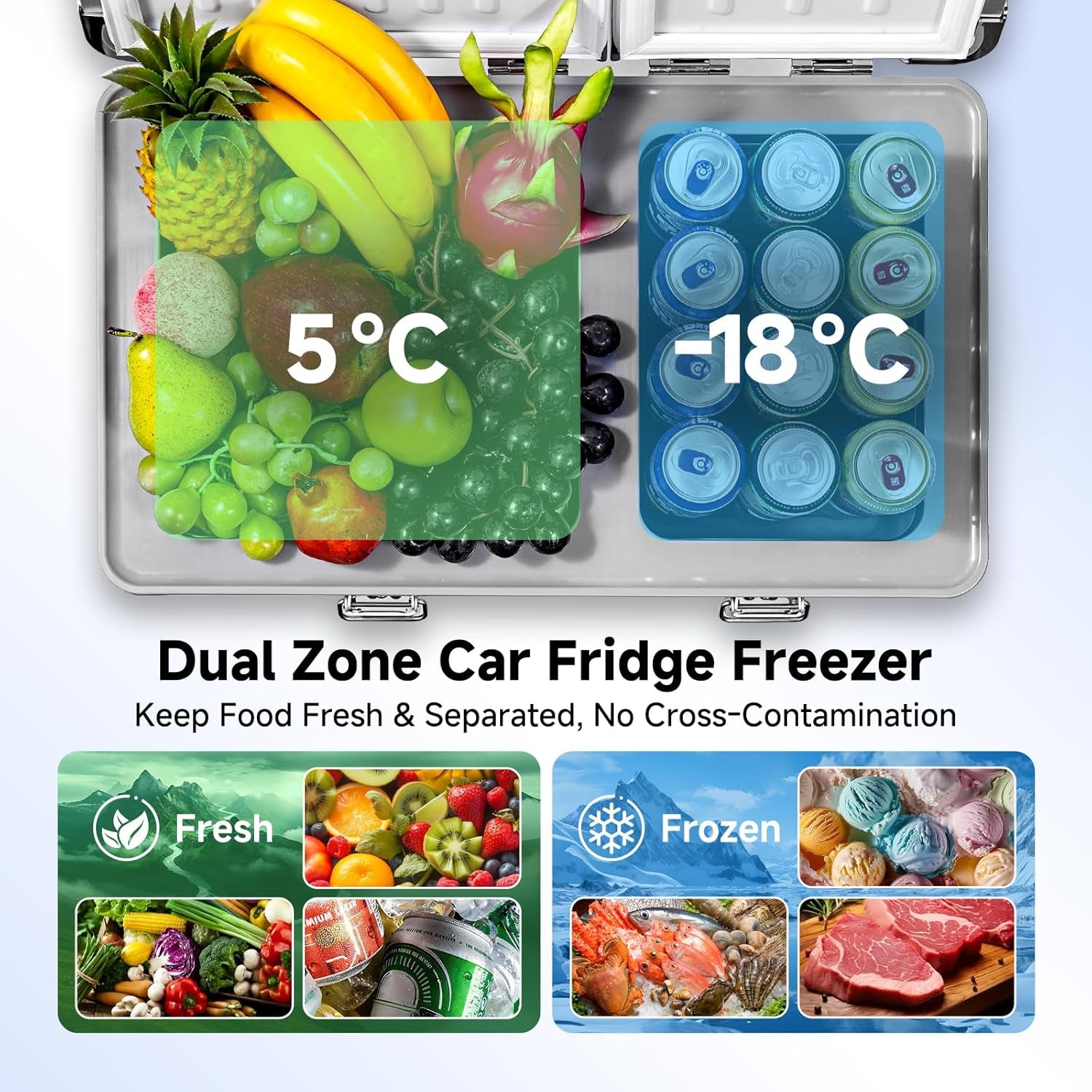 53 Quart (50L) Portable Car Refrigerator, 12V Dual Zone Car Fridge Freezer, Lightweight Aluminum Electric Cooler with Compressor, -4°F to 68°F, DC/AC for Truck, RV, Camping, Van, Home Use