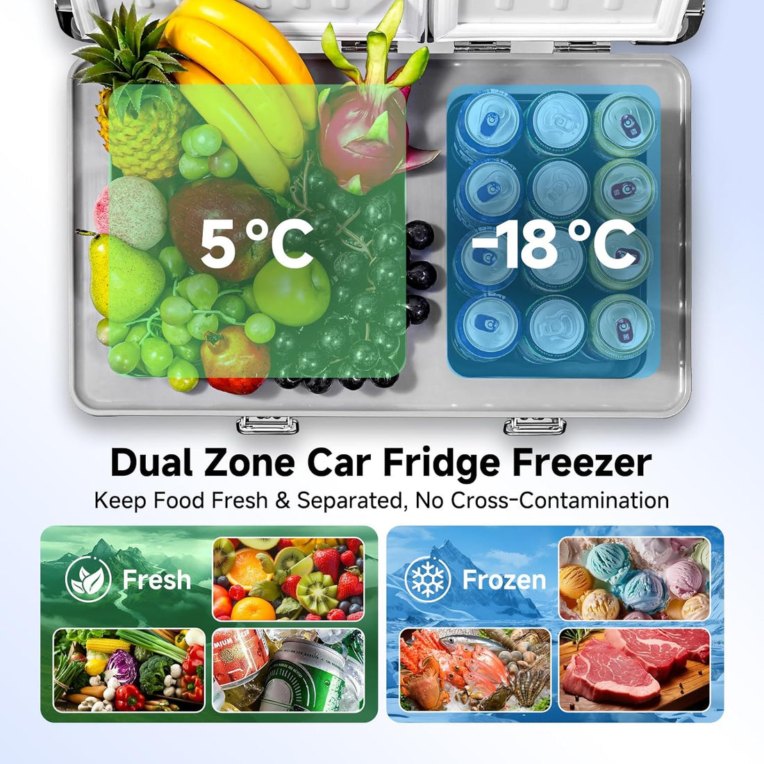 53 Quart (50L) Portable Car Refrigerator, 12V Dual Zone Car Fridge Freezer, Lightweight Aluminum Electric Cooler with Compressor, -4°F to 68°F, DC/AC for Truck, RV, Camping, Van, Home Use