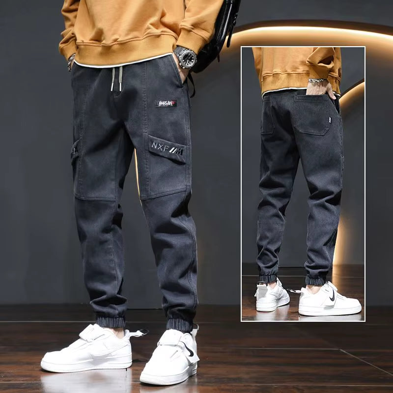 Men'S Clothing Letter Embroidered Solid Color Pockets High Waisted Elastic Casual Spring Autumn Trousers Bloomers Cargo Pants