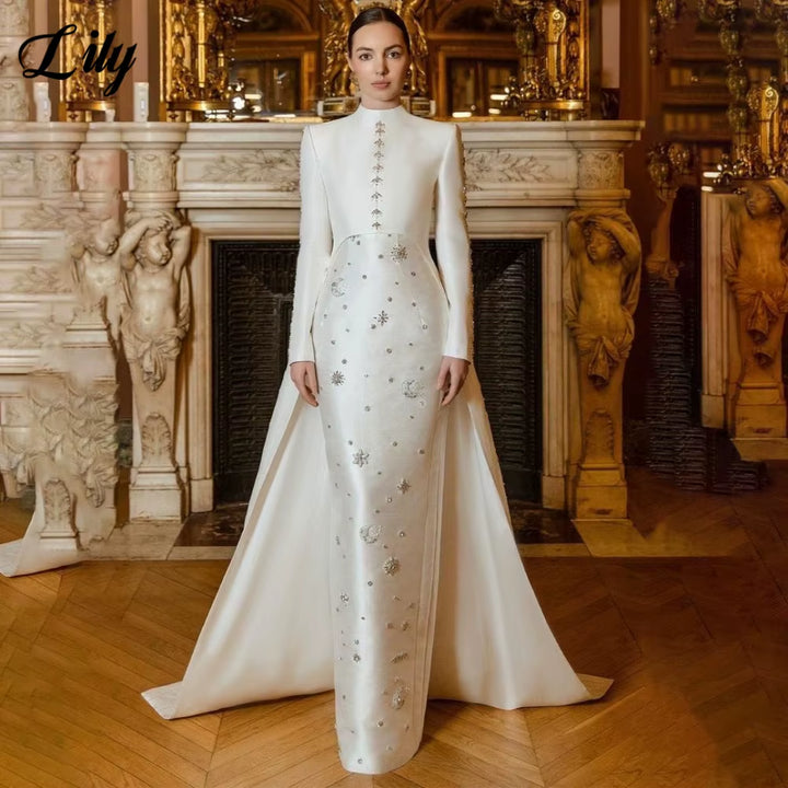 New Lily White Evening Gown Full Sleeve women Party Wedding Gown