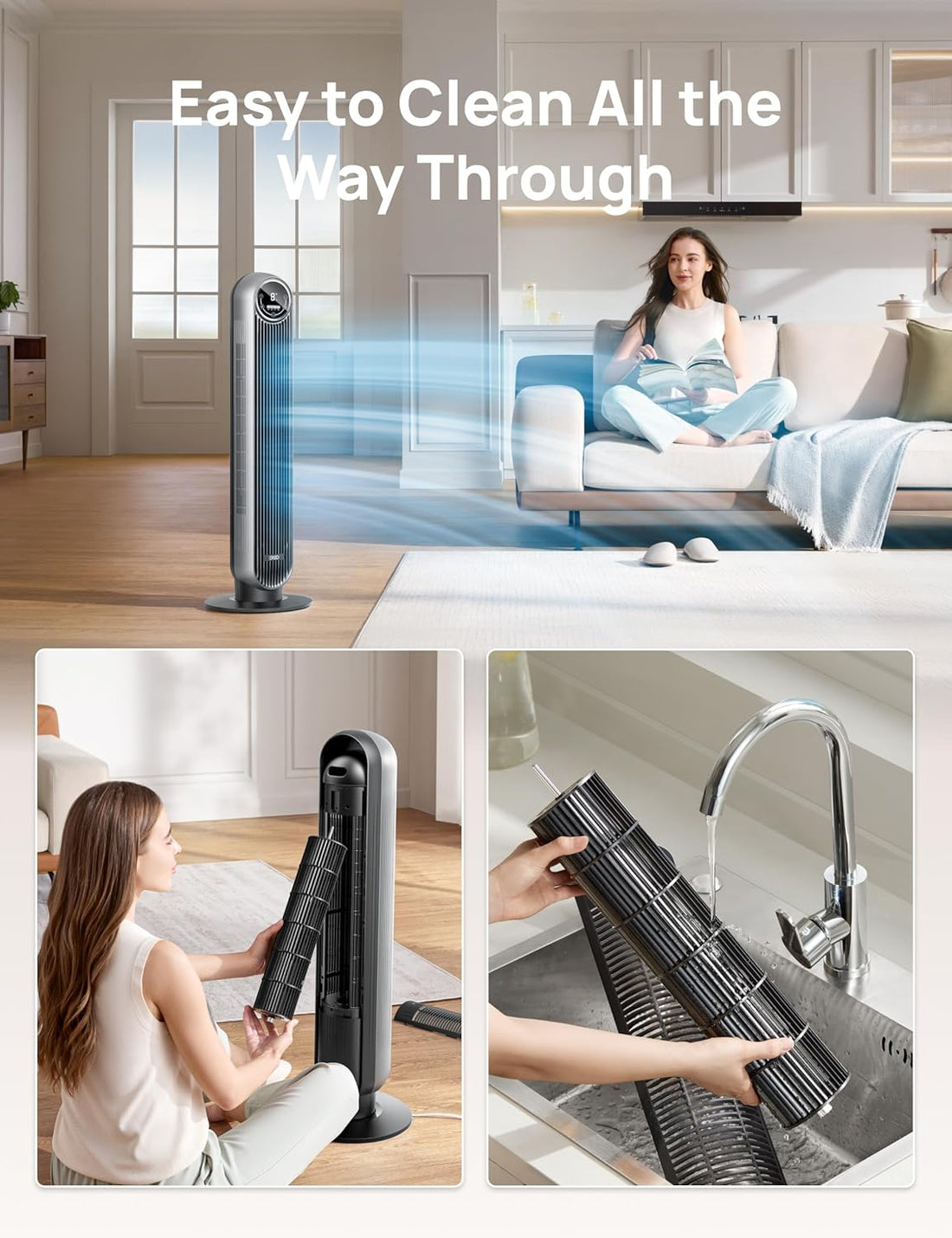 Bladeless Tower Fan - 25Ft/S, 4 Speeds, 4 Modes, 90° Oscillation, 8H Timer, Ultra Quiet for Bedroom, Indoors, Silver (Nomad One)