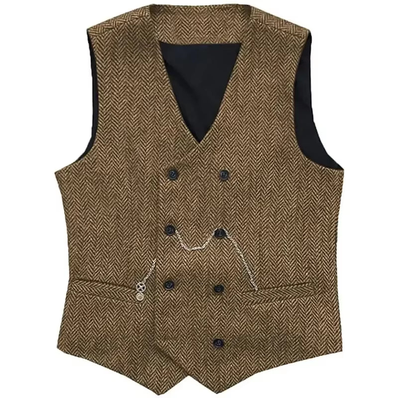 Multiuse  Stylish V Neck Men's Suit Vests Herringbone Wool Tweed Double Breasted Waistcoat