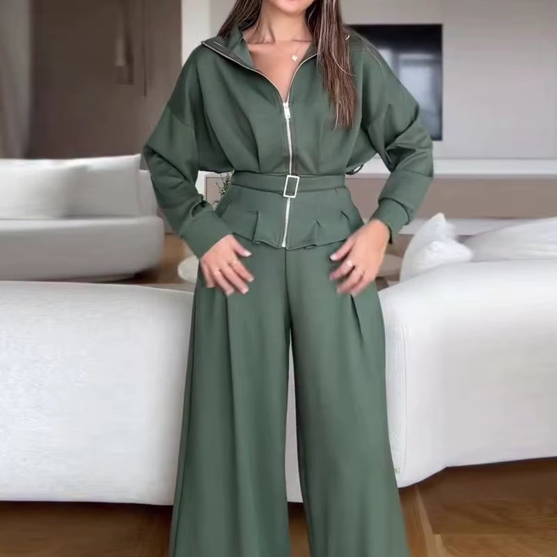 New Autumn Winter Women's 2 Piece Suit Zipper Jacket with Wide Leg Pants 