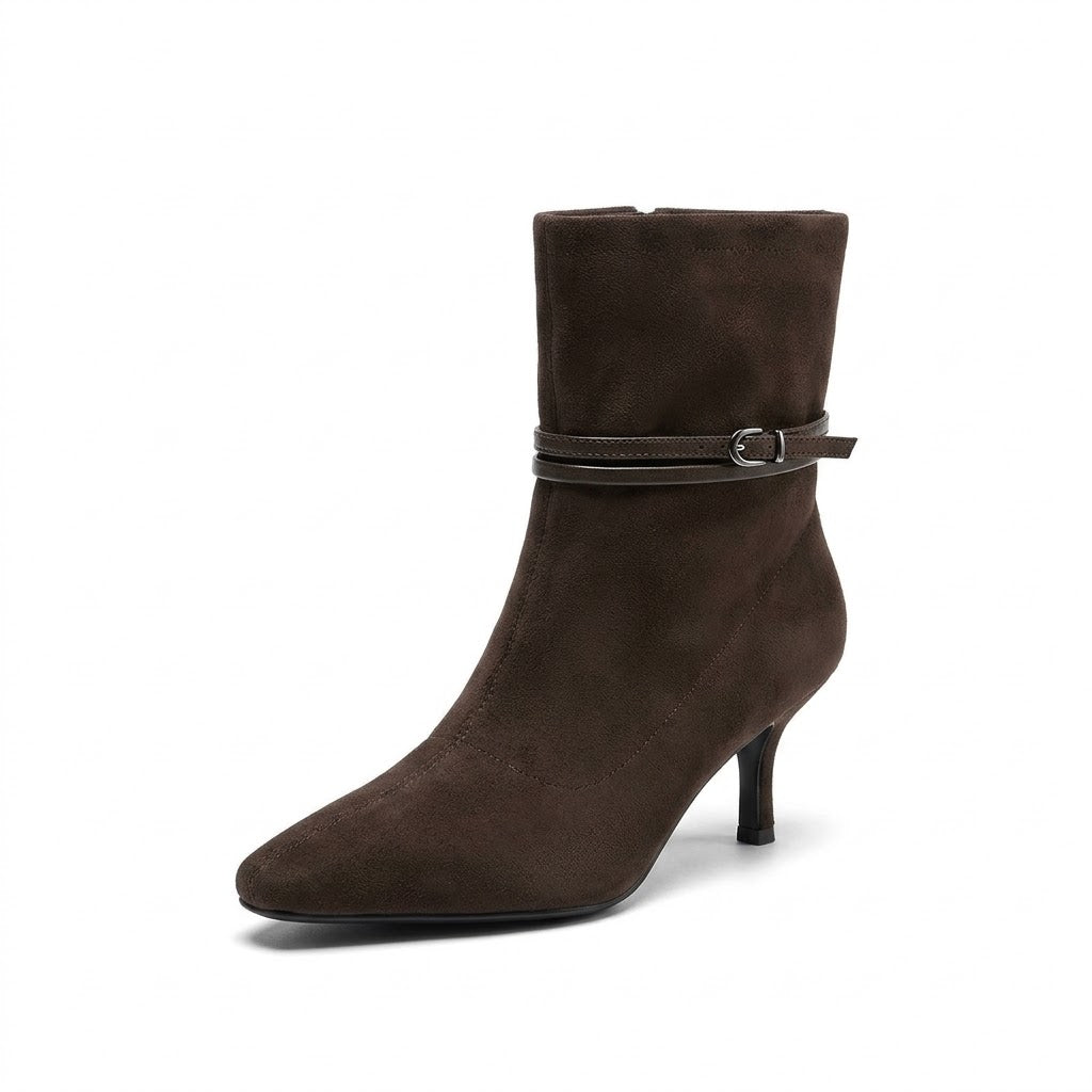 Modern Black Suede Ankle Boots with Buckle Strap – Elegant Women's Square Toe Shoes
