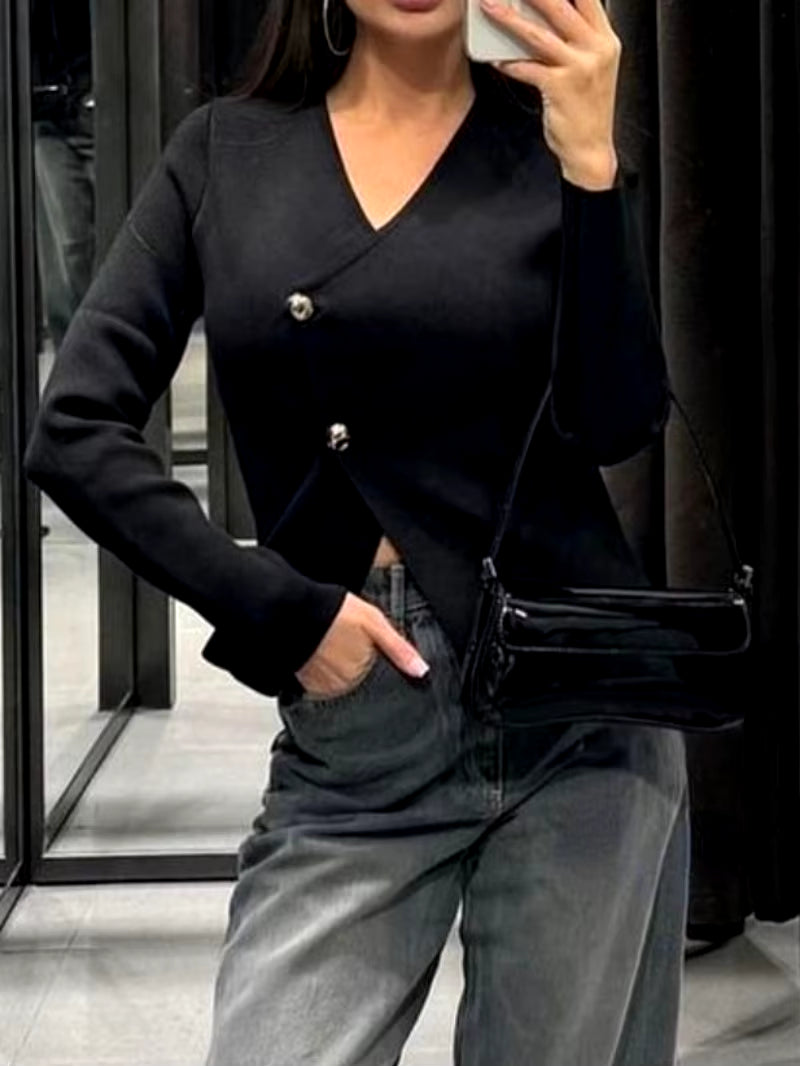 Autumn Balck Cardigans Sweater Tops 2024 New Women Fashion Casual V-Neck Asymmetric Knitted Sweater Jacket Female Cardigans