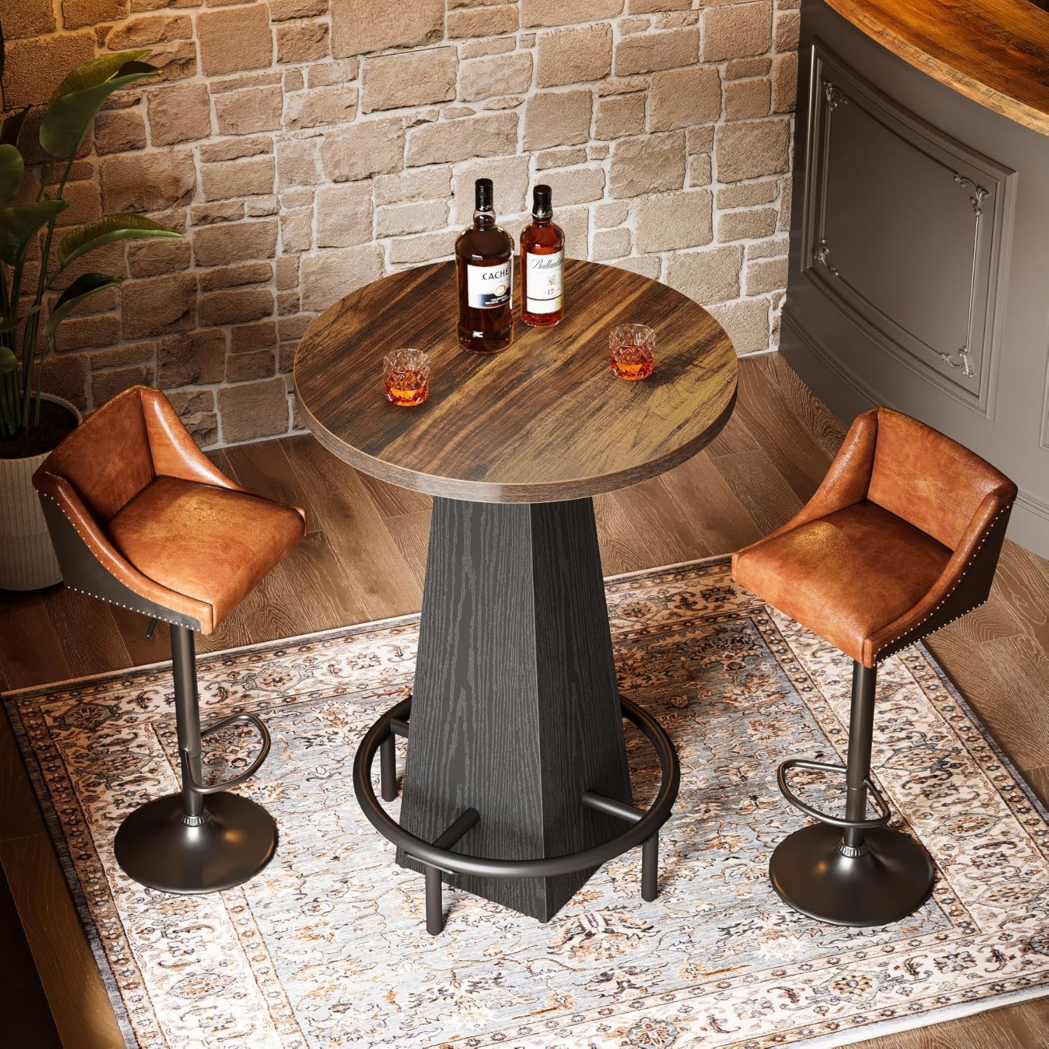 Bar Table, 37.4" High round Pub Table for Small Bars, Dining Room, Kitchen, Brown and Black (Only Table)