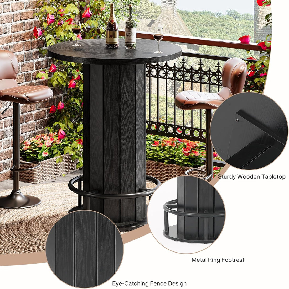 round Bar Table, 39.4" H Wood Bistro Pub Table with Metal Ring Footrest for Dining Coffee Cocktail Living Room, Small Space, Black (Only Table)