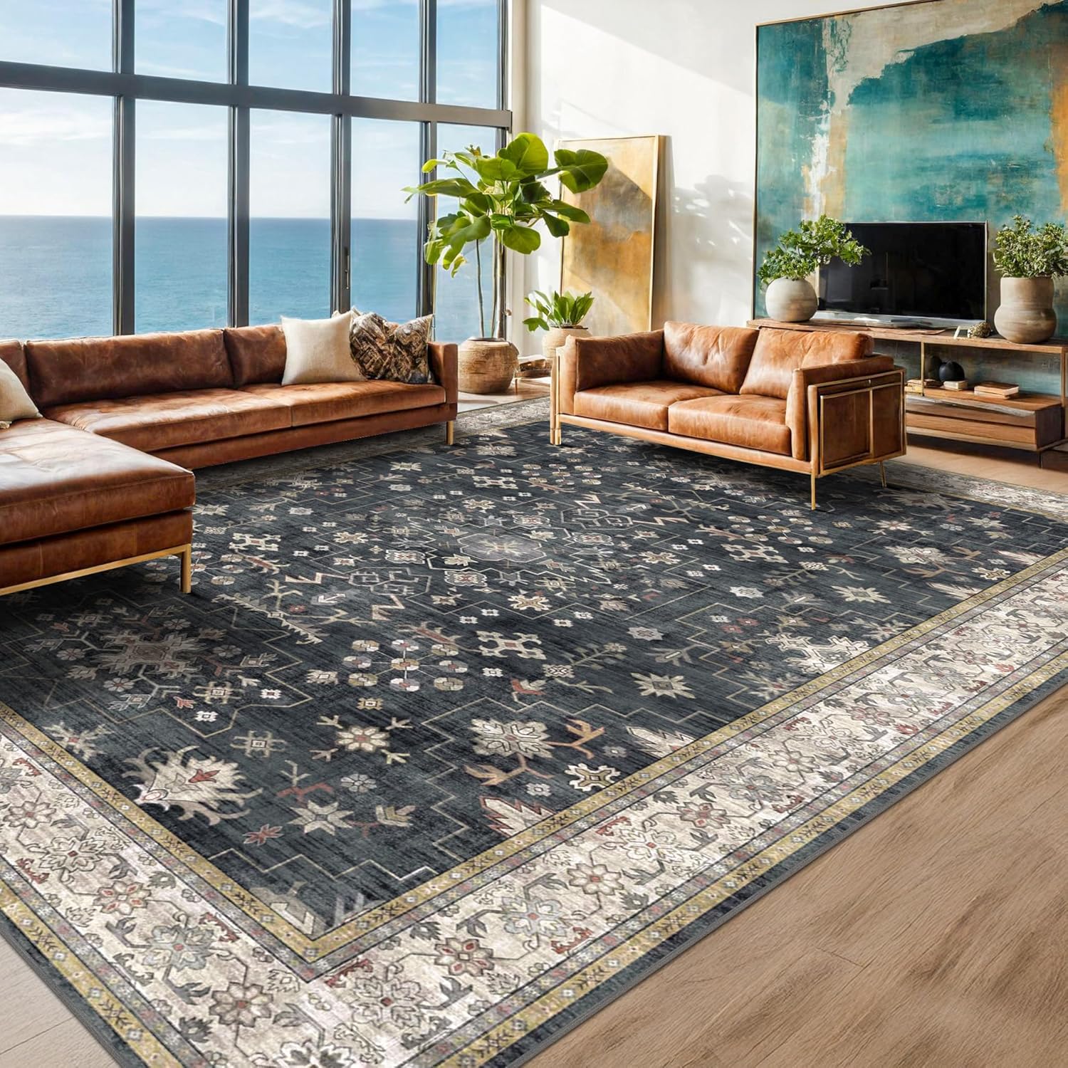 Modern Black Rug for Living Room - Washable Non-Slip & Stain Resistance