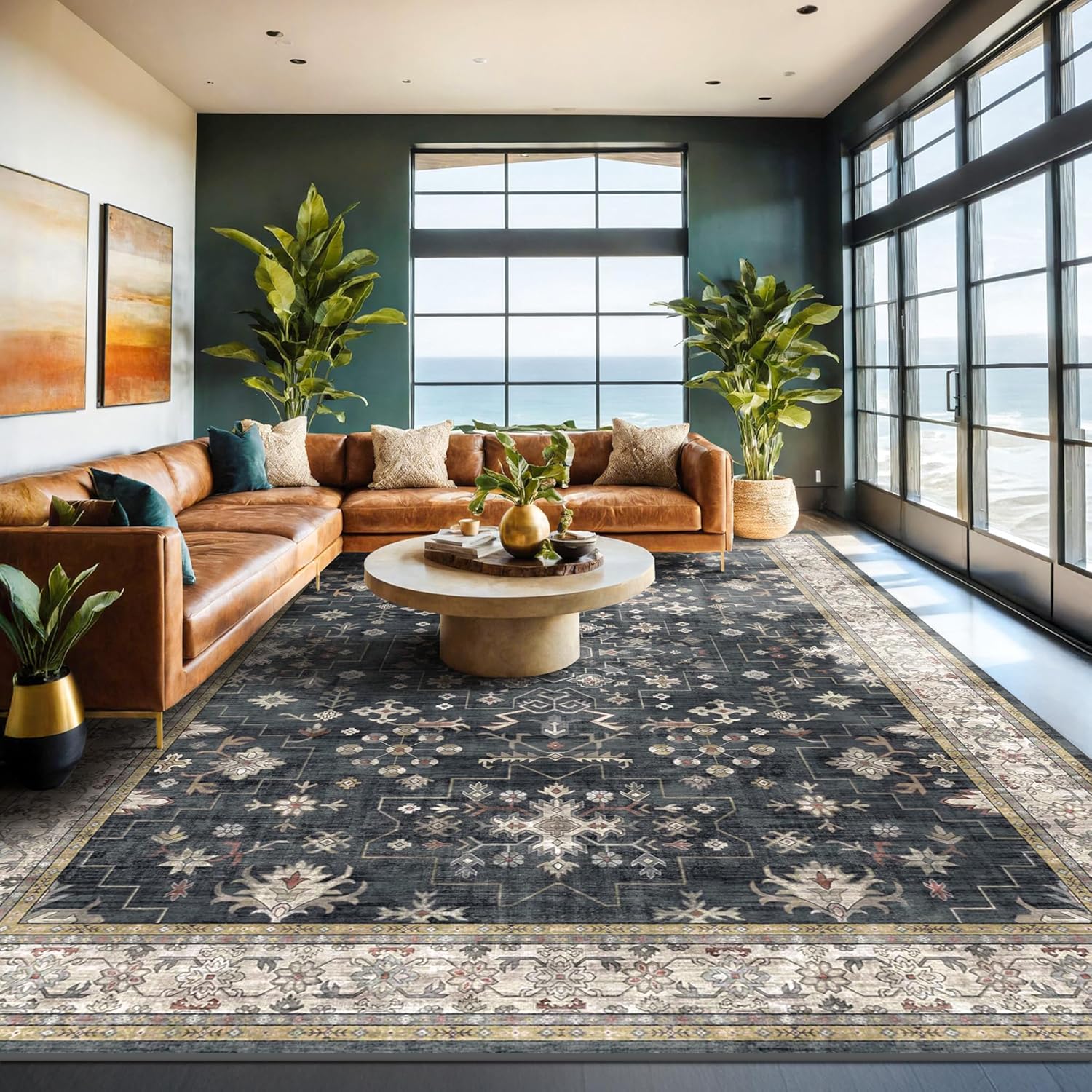 Modern Black Rug for Living Room - Washable Non-Slip & Stain Resistance