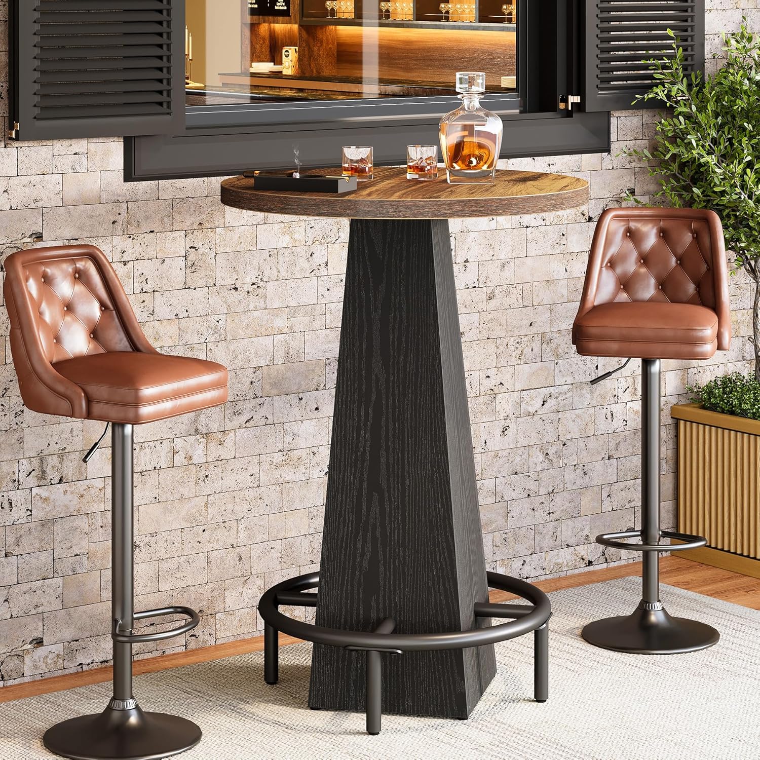 Bar Table, 37.4" High round Pub Table for Small Bars, Dining Room, Kitchen, Brown and Black (Only Table)