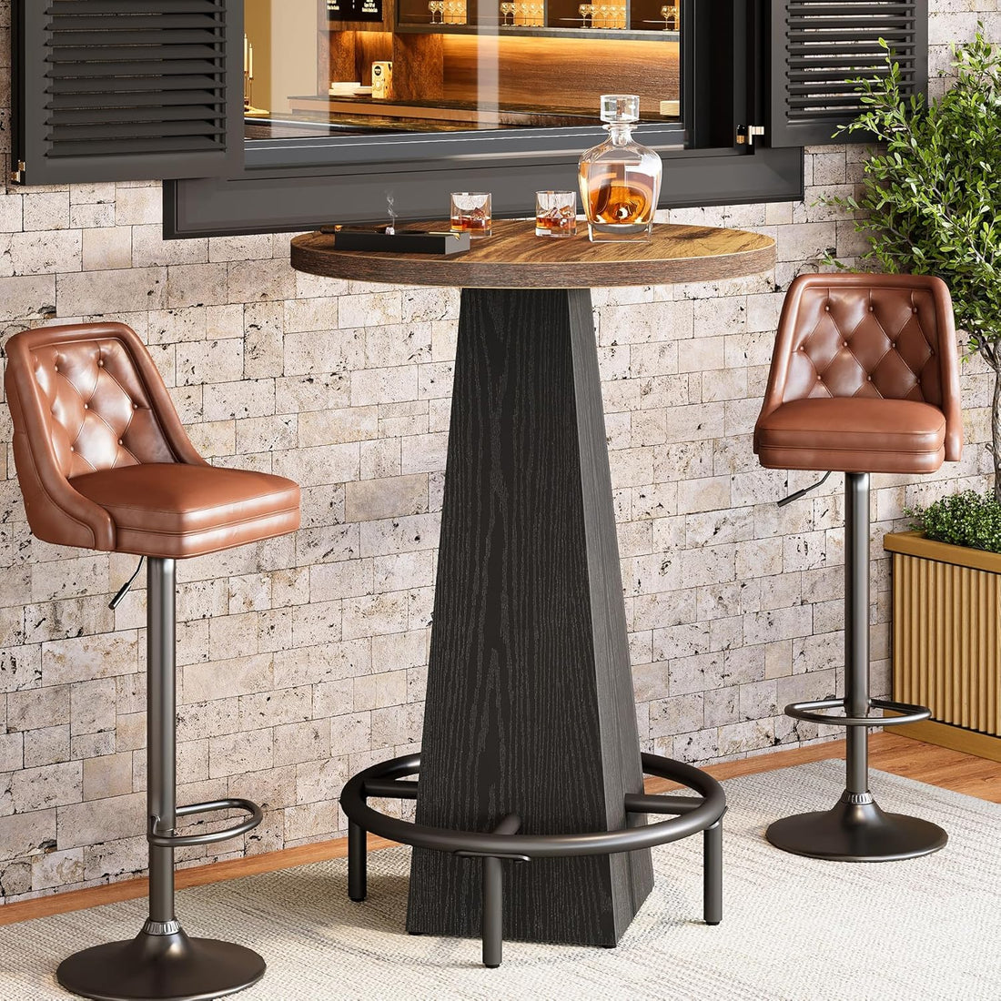 Bar Table, 37.4" High round Pub Table for Small Bars, Dining Room, Kitchen, Brown and Black (Only Table)