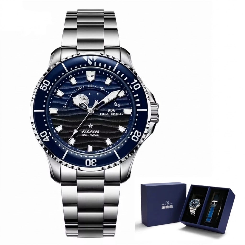 New Seagull Luxury Moon Phase Diver Watch – 300M Waterproof Automatic Wristwatch