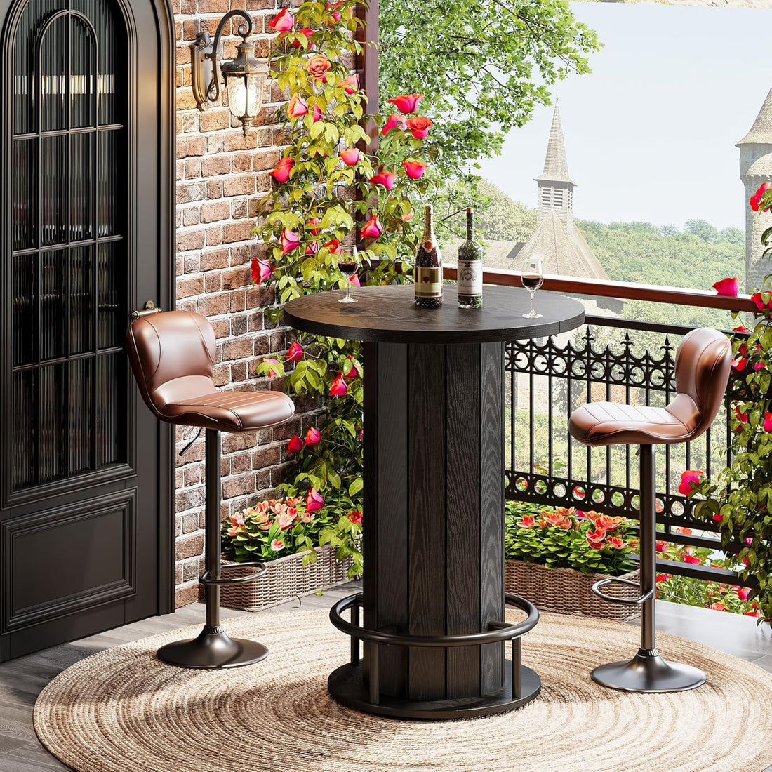 round Bar Table, 39.4" H Wood Bistro Pub Table with Metal Ring Footrest for Dining Coffee Cocktail Living Room, Small Space, Black (Only Table)