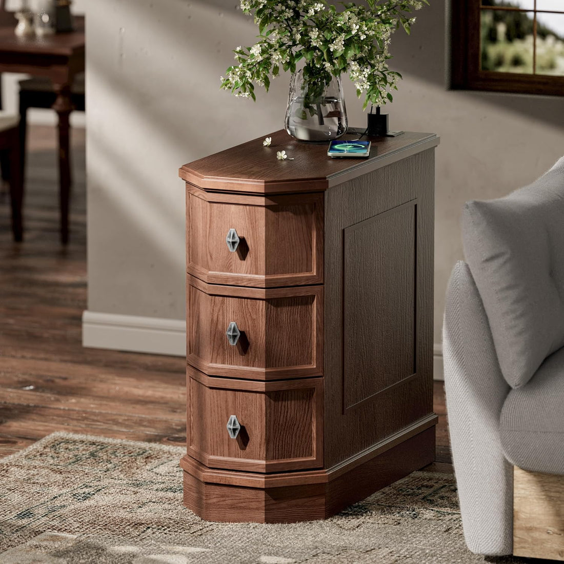 Vintage Nightstand with Charging Station, Vintage Wood End Table with 3 Drawer