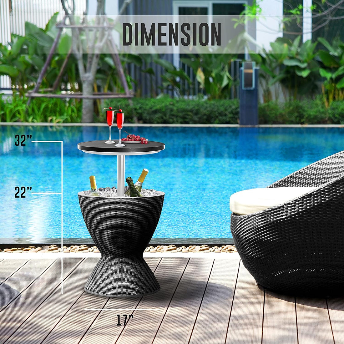 Outdoor Cool Bar Table, 7.5 Gallon Beer and Wine Cooler, Patio Furniture & Hot Tub Side Table, Beverage Cooler, All-Weather Resistant Ice Cool Bar, Rattan Style Patio, Cocktail Bar (Black)