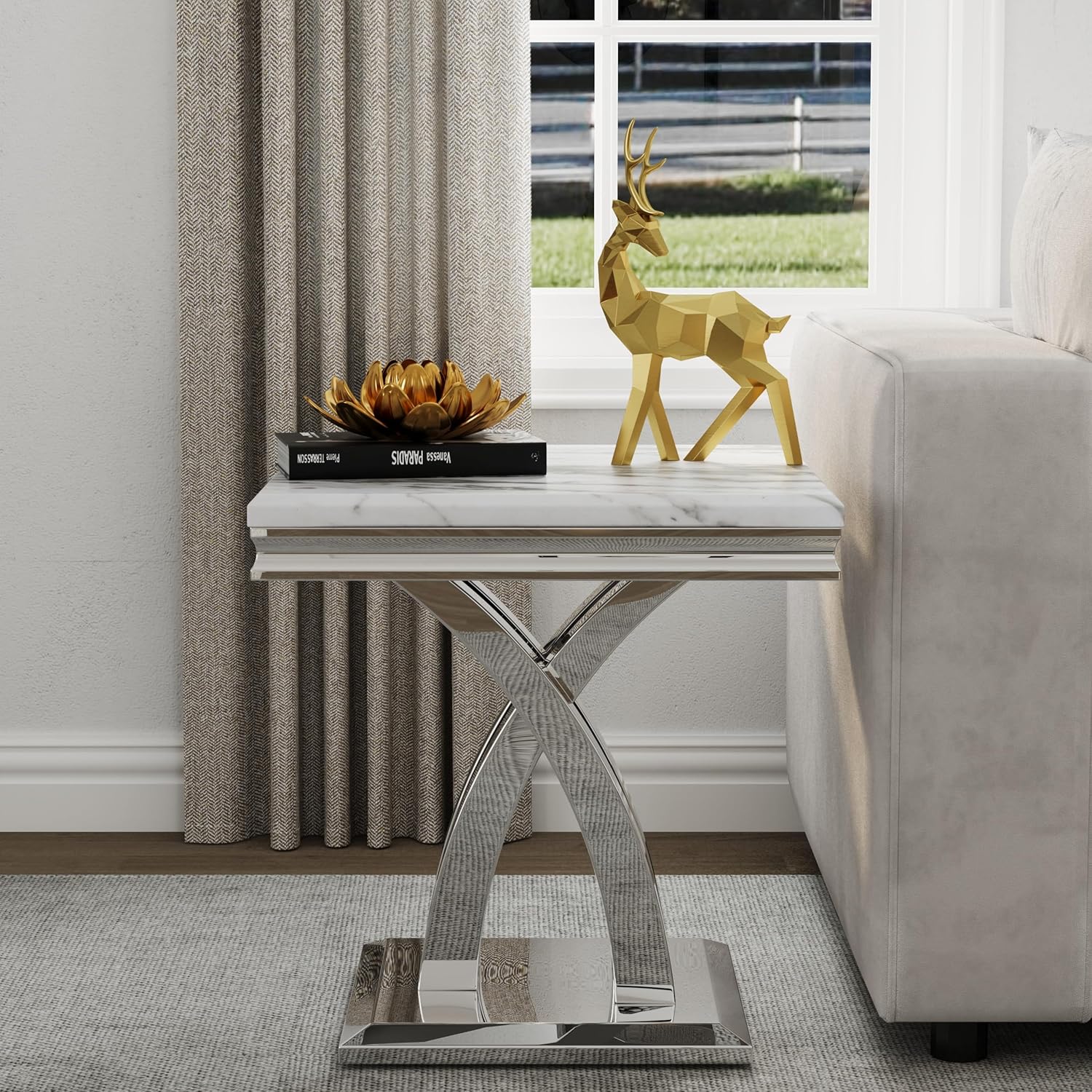 Premium Silver End Table X Base Living Room Luxury