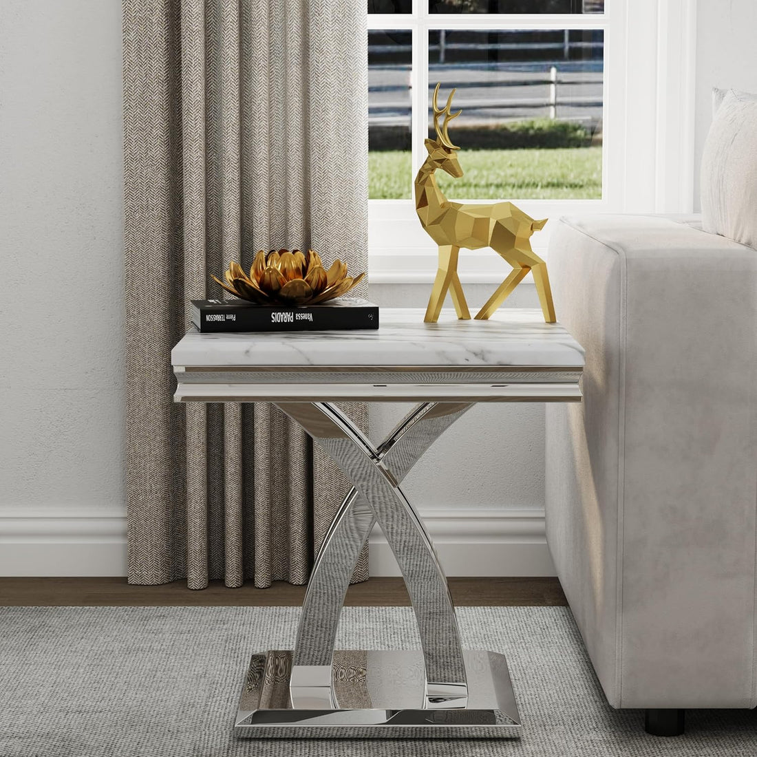 Premium Silver End Table X Base Living Room Luxury