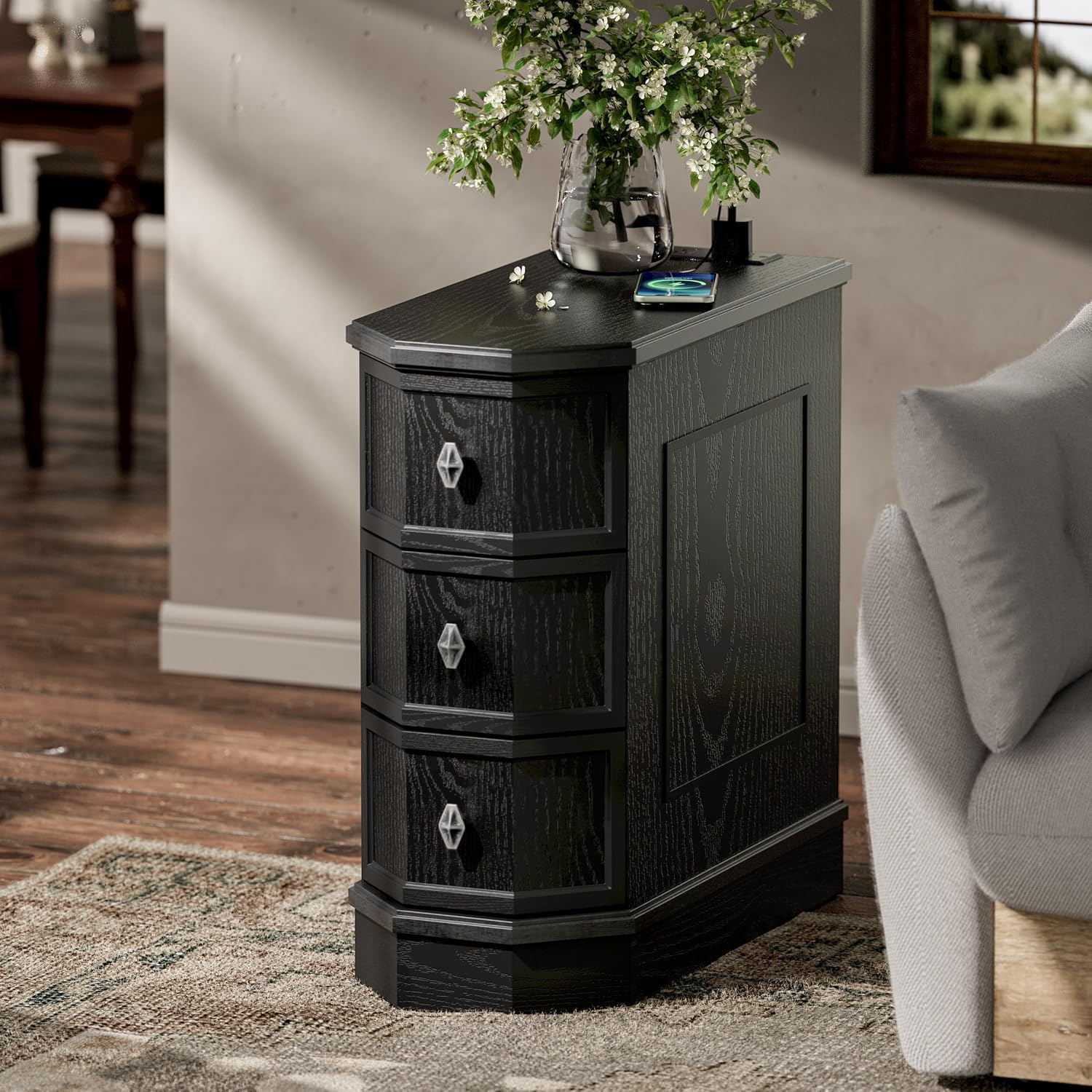 Vintage Nightstand with Charging Station, Vintage Wood End Table with 3 Drawer